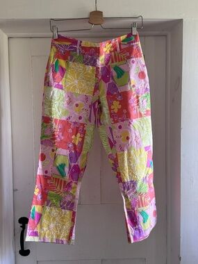 Lilly Pulitzer Vintage Patchwork Capri Pants Size 2 Pink Tropical Novelty